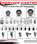 Service Caster Corporation semi-steel cast iron casters with various mounting options and brakes, Series 20 overview chart