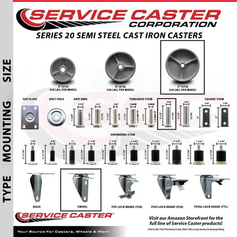 Service Caster Corporation semi-steel cast iron casters with various mounting options and brakes, Series 20 overview chart