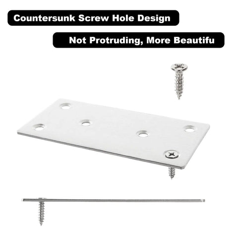 Heavy Duty Stainless Steel Flat Brackets 30 Pack 4 By 2 Inch Mending Plates For Furniture Wood Shelf Repair Built Tough Rock Solid No Hassle Mounting With Screws Included, showing countersunk screw hole design.