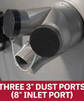 Heavy Duty Portable Metalworking Dust Collector Crushing Sawdust Clutter At 957 CFM with three 3" dust ports and 8" inlet.
