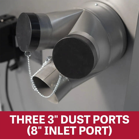 Heavy Duty Portable Metalworking Dust Collector Crushing Sawdust Clutter At 957 CFM with three 3" dust ports and 8" inlet.