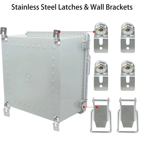 Rugged IP67 Waterproof ABS Junction Box With Hinged Clear Cover And Stainless Steel Latch, Includes 2 PG13.5 Cable Glands, Mounting Plate And Wall Bracket, Weatherproof Electrical Enclosure For Indoor Outdoor Use, with stainless steel latches and wall brackets