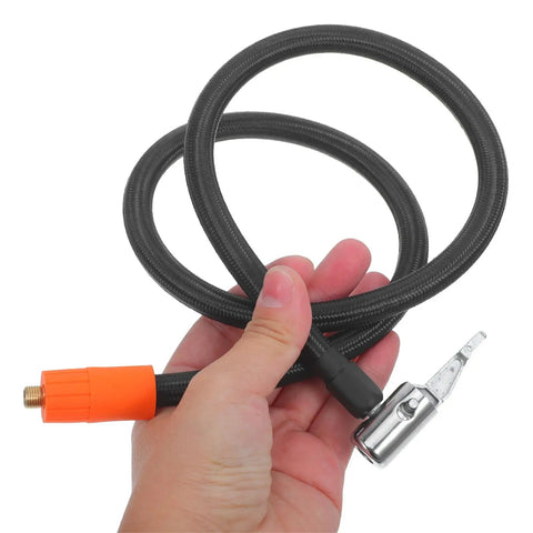 Solid As A Rock Metal High Pressure Tire Inflator Extension Hose Leakproof Design Universal Fitment For Your Car Or Bike To Stay Pressed Up No Drama With Wear Resistance To Handle Any Job Wherever You Are From Garage To Highway black hose with metal chuck and orange fitting