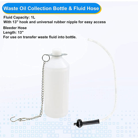 Portable Pneumatic Brake Bleeder Kit For One Man Operation showing white collection bottle with fluid hose and chain hook