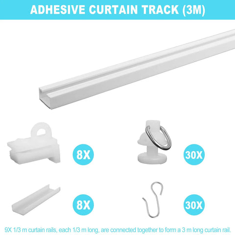 Self Adhesive Curtain Track For No Drill Ceiling Or Wall Mount 9.8 Ft curtain rail with hooks and carriers, 3m white track