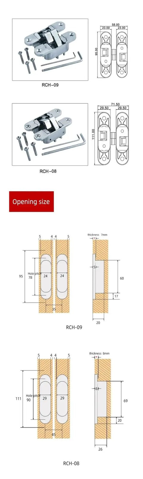 Diagram and dimensions of Indoor Wooden Door Invisible Hinge With 180 Degree Swing 3D Adjustable Hidden Concealed Hinge