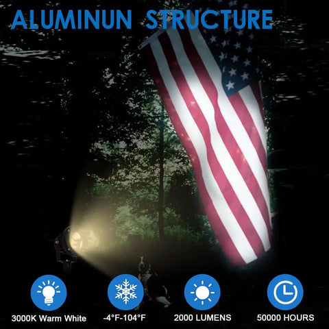 20W Led Outdoor Landscape Spotlight Kit With Stake Waterproof 12V To 24V AC DC Low Voltage Garden Lighting illuminating a flag
