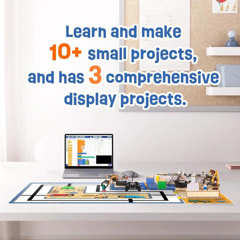 Three In One ESP32 IoT Control Smart Factory Starter Kit For DIY Education Teens 12 Plus Compatible With Arduino Scratch Online Tutorials Includes Hands On Smart Robotic Arm Project Smart Production Line And Smart Warehouse Modules with laptop