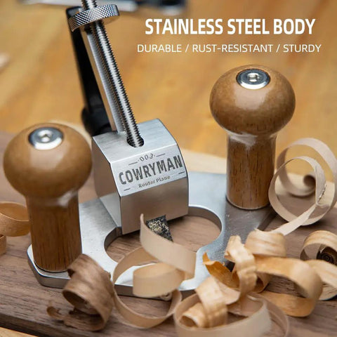 Router Plane Handheld Woodworking Tool With Stainless Steel Body And Gray Finish, two wooden handles, wood shavings visible