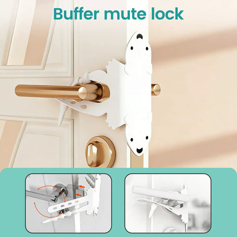 Cute Bear Door Pinch Guard Kit With Silencer Cushions For Baby Proofing Doors installed on a gold door handle