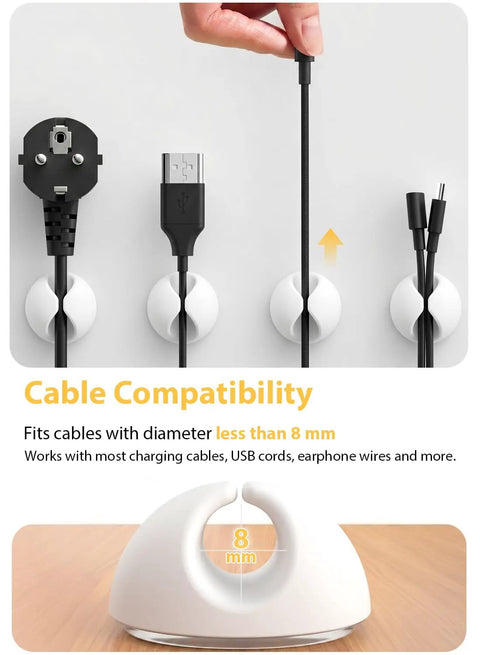 6 Pack White Cable Clips For Desk Nightstand And Car, Easy Cord Management Holders And Wire Organizers For Chargers Cables Earbuds USB Cables And More shown with cables inserted