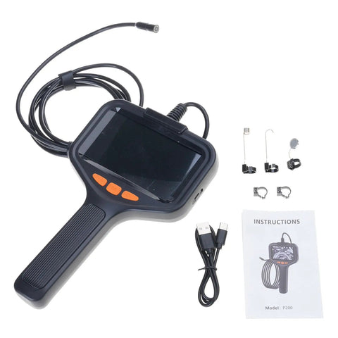 Workhorse Handheld Borescope Endoscope with 8mm lens, 4.3-inch screen, USB cable, and accessories for pipe inspection and engine diagnostics