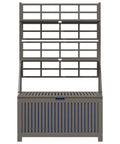Badass Acacia Wood Outdoor Storage Chest With Built In Garden Trellis And Four Deep Compartments For Yard Gear Plus Patio Deck Essentials Tough As Nails Grey Wash Finish, front view with compartments.