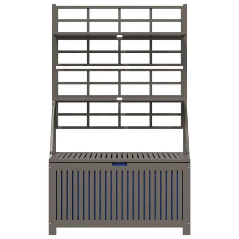 Badass Acacia Wood Outdoor Storage Chest With Built In Garden Trellis And Four Deep Compartments For Yard Gear Plus Patio Deck Essentials Tough As Nails Grey Wash Finish, front view with compartments.