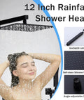 Shower Faucet Set, 12-Inch Rainfall Head, Handheld, Tub Spout, Matte Black with woman enjoying overhead rainfall.