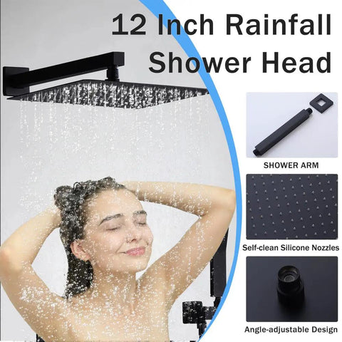 Shower Faucet Set, 12-Inch Rainfall Head, Handheld, Tub Spout, Matte Black with woman enjoying overhead rainfall.