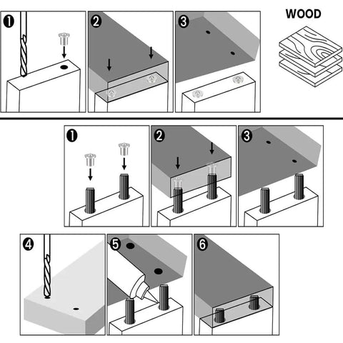 Pro Grade Dowel Pin Center Point Set 8 Piece Transfer Plugs for Woodworking assembly guide illustration