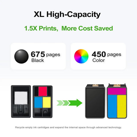 Front view of 63XL Tri Color Ink Cartridges Replacement For HP Printers 2-Pack High Yield Color Ink For HP63 Series with capacity details.