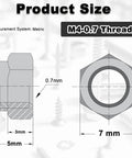 Diagram showing size details of 100 Pcs M4 Nylon Inserted Hex Lock Nuts Self Locking M4x0.7mm, 7mm hex, 5mm height