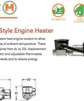 Engine Block Heater Preheater With Thermostat For Diesel And Gas Engines 9.8L To 13.1L Weather Tight Coolant Heater For Trucks Construction Equipment Marine And Industrial Use No Pump Needed Thermosiphon Design 1 Year Warranty, displayed in a catalog with product specifications and diagrams.