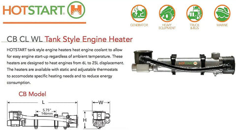 Engine Heater CB125408-200 Thermostatted Weather-Tight Coolant Preheater diagram and specifications.