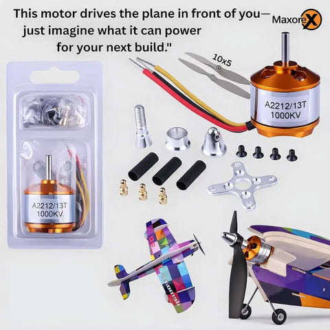 All In One Ready To Build RC Airplane Kit With A2212 KV1000 Motor 30A ESC Four Servos Two Propellers XT60 Connector Motor Mount Rudder Angle Accessory Pack For Stable Easy Assembly And Reliable Flight components displayed