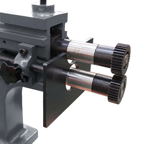 Close-up of TB-12 Bead Bender Beading Machine 8 Inch Rotary Forming Tool with heavy-duty cast iron construction and rollers for sheet metal.