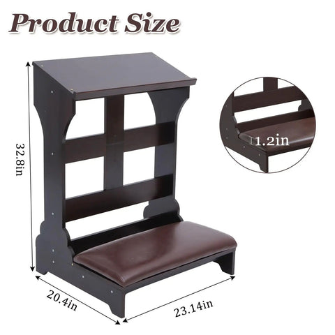 Wooden Prayer Kneeler Bench With Cushion Pad For Home Or Church, Easy Assembly Kneeling Chair With Shelf, Sturdy Pine Wood Praying Stool 23W X 20D X 32H with size dimensions visible
