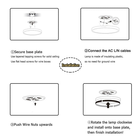 Installation guide for No Fuss Flush Mount LED Ceiling Light 18W 5000K Daylight, showing step-by-step setup instructions.