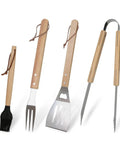 4 Piece Stainless Steel BBQ Grill Utensil Set With Wood Handles, Slotted Turner, Meat Fork, Tongs, Silicone Brush, Outdoor Cooking