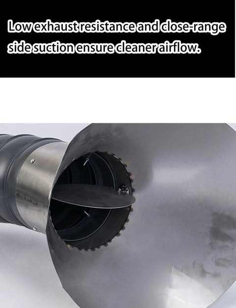 Rugged 360 Adjustable Fume Extractor For Welding And Soldering Featuring Easy Glide Smoke Arm With Tough As Nails Heat Resistant Hose And Spacious 8 Inch Pickup Hood For Quick Dust Cleanup close-up of steel pickup hood with airflow blades.