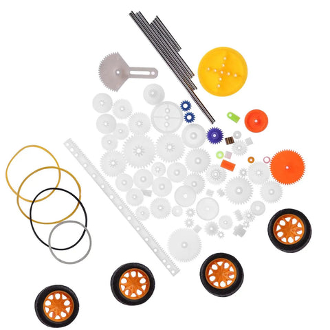 78 Piece Plastic Gear Set With Pulleys Belts Shafts DIY Kit For Toys And Models showing assorted gears and accessories
