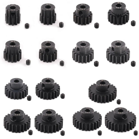 Set of black pinion gears with hex screws for RC cars. Beefy 5Pc Pinion Gear Set For 5mm Shaft RC Motors 11T 12T 13T 14T 15T Hardened Steel