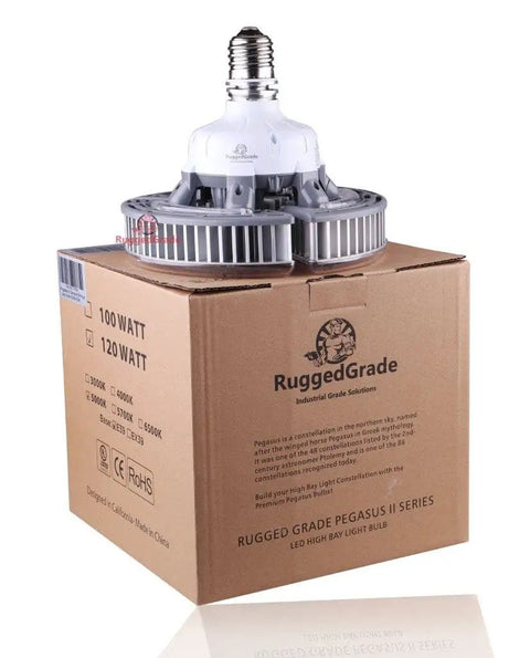Pegasus II Series 120W LED High Bay Light Workhorse Bulb on box, 5000K daylight, E39 base, RuggedGrade packaging visible