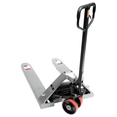 Rugged Manual Pallet Jack 27 By 42 Inches 5500 Lb Capacity Low Profile Frame With Nonmarking Polyurethane Wheels Built To Handle The Daily Warehouse Grind