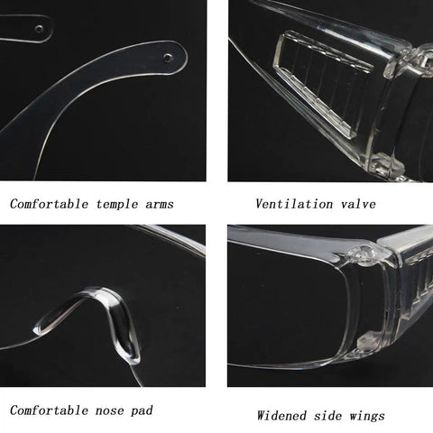 Close-up of 2 Pairs Dustproof And Splashproof Louvered Safety Goggles For Construction, Lab, And Chemistry Use with detailed features.