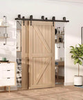 Double Track Bypass Sliding Barn Door Hardware Kit For Two Doors, Low Ceiling Design, installed with arrow shaped hangers