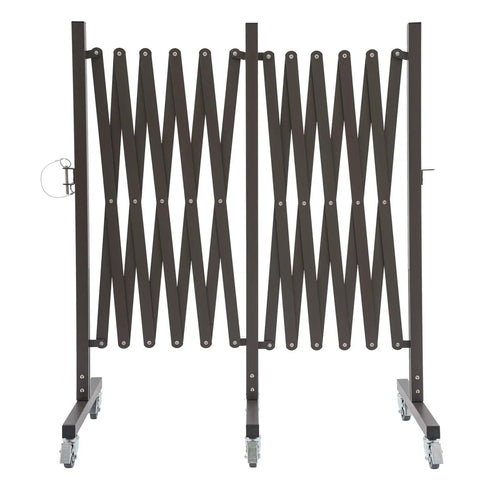 Straight Up Heavy Duty Expandable Metal Barrier On Wheels, adjustable safety fence in coffee brown, features locking casters.