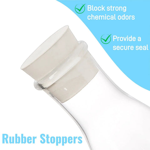 Close-up of a narrow mouth flask with a rubber stopper from Go To Lab Erlenmeyer Flask Set With Borosilicate Glass, Five Size Graduated Conical Flasks 300 mL, 250 mL, 150 mL, 100 mL, 50 mL With Rubber Stoppers, Leakproof, Narrow Mouth, Ideal For Chemistry Experiments And Science Projects.