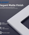 Close-up of 2-Gang Screwless Wall Plate Cover, Mid-Size, Sleek Matte White, 4.88 x 4.94 Inches corner with text detailing features