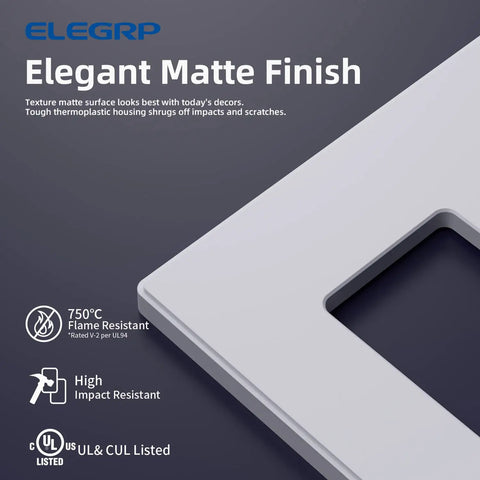 Close-up of 2-Gang Screwless Wall Plate Cover, Mid-Size, Sleek Matte White, 4.88 x 4.94 Inches corner with text detailing features