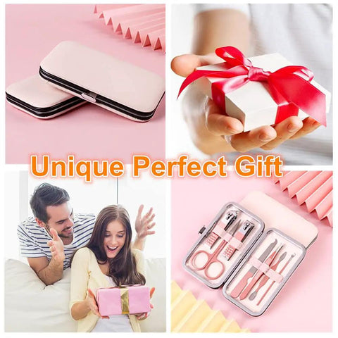 7 Piece Manicure Set With Stainless Steel Tools In Rose Gold Case, showing closed and open kits with pink background, perfect gift idea