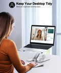 Woman using a laptop on a foldable laptop stand with height adjustable ergonomic riser, aluminum portable desk mount for 10 to 16 inch laptops