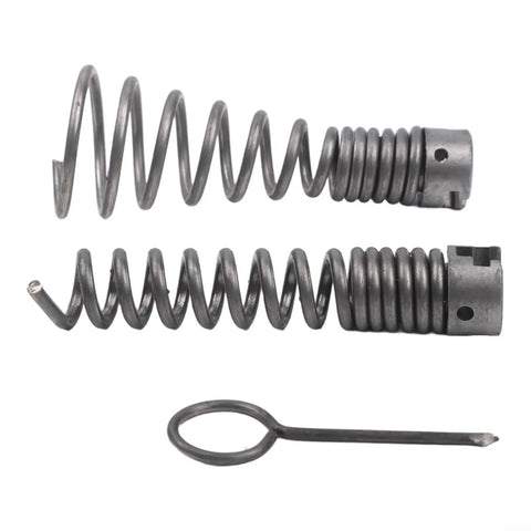 Heavy Duty Six Piece Drain Auger Kit Mounts To Standard Electric Drill For Quick Bathroom Sink Clog Removal No Fuss Pipe Cleaner, including steel auger bits and a retrieval key.