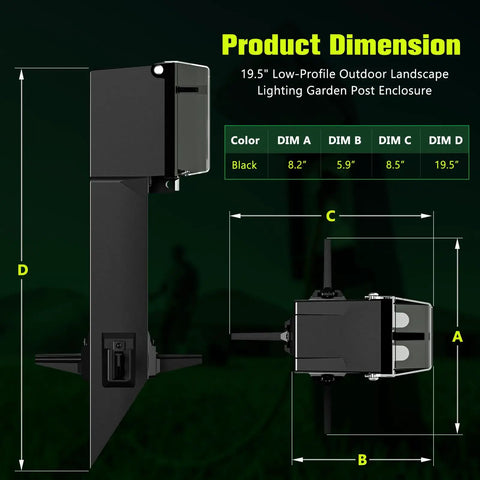 19.5 Inch Low Profile Garden Post Enclosure With Built Tough Weatherproof Rain Cover For GFCI Outlets shown with dimensions.