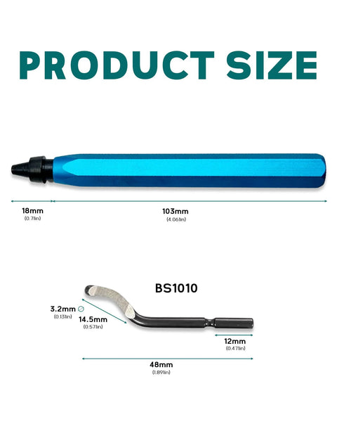 Blue deburring tool with 12 HSS rotary blades; includes BS1010 curved blade, 2 tools shown.