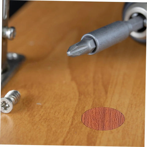 Easy Install No Drill Needed Screw Hole Covers For Furniture And Cabinets, Wear Resistant Decorative Sticker Caps To Hide Screws And Nail Holes, displayed on wooden surface.