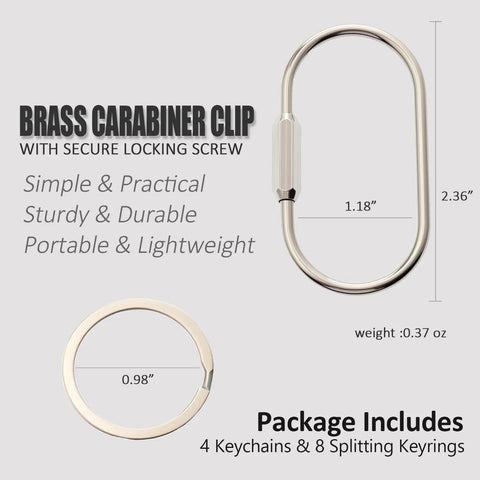 Solid Brass Carabiner Keychain Clip With Screw Lock Built To Last Rugged Key Organizer, includes keychains and rings, dimensions shown.