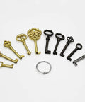 Heavy Duty Ten Piece Skeleton Key Set Milled From Solid Brass For Opening Antique Padlocks And Vintage Door Hardware, assorted keys with keyring.