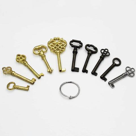 Heavy Duty Ten Piece Skeleton Key Set Milled From Solid Brass For Opening Antique Padlocks And Vintage Door Hardware, assorted keys with keyring.